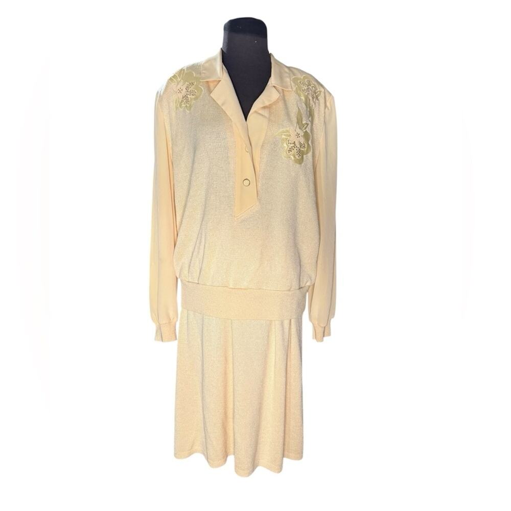 Vtg Butter Yellow Floral Embroidered Oversized Top Knit Knee Skirt Size XL Femme